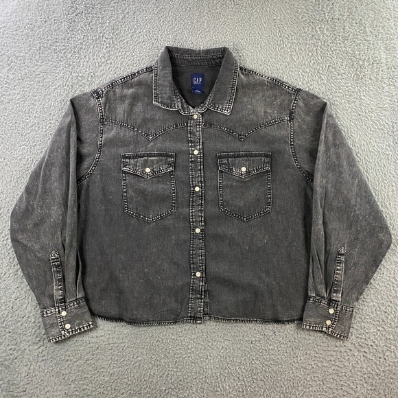Gap Denim Western Shirt Womens XL Cropped Pearl Snap Cowgirl Rodeo Rancher - Picture 1 of 8